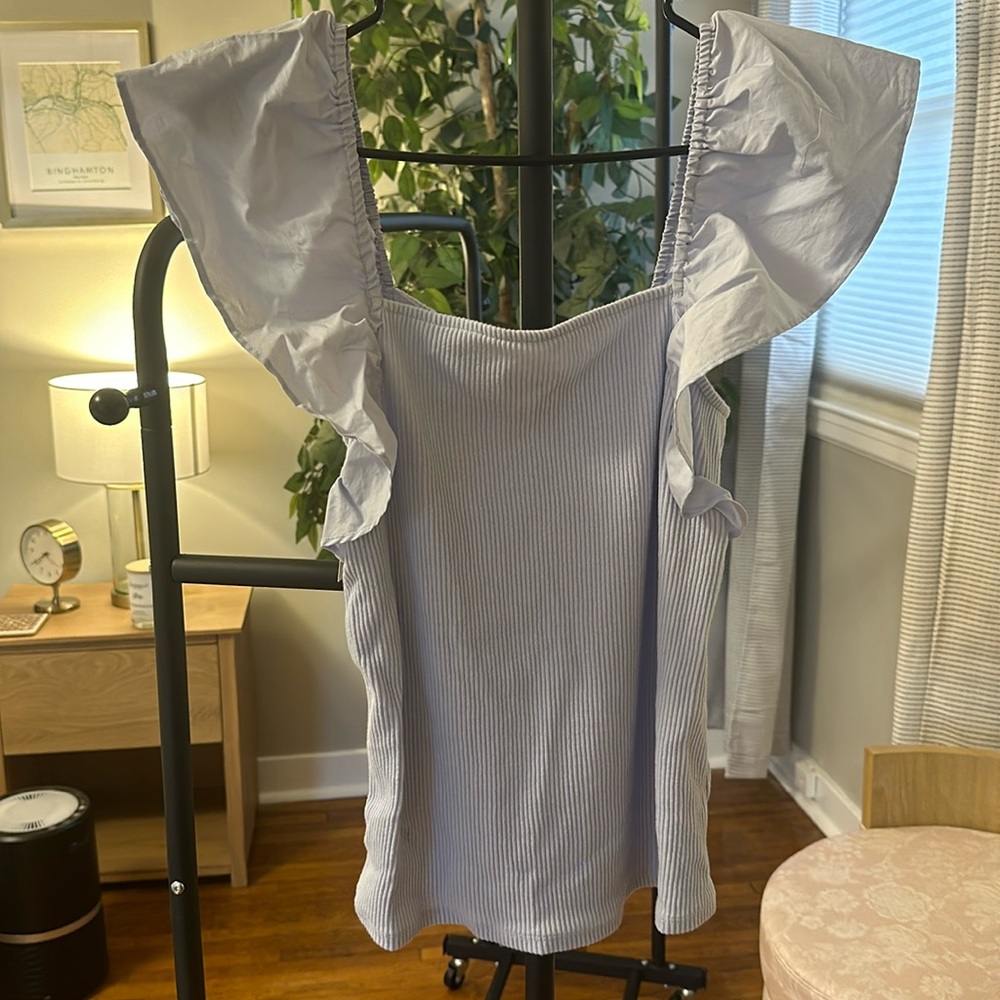 NWT Light Blue Ruffle Sleeve Ribbed Top